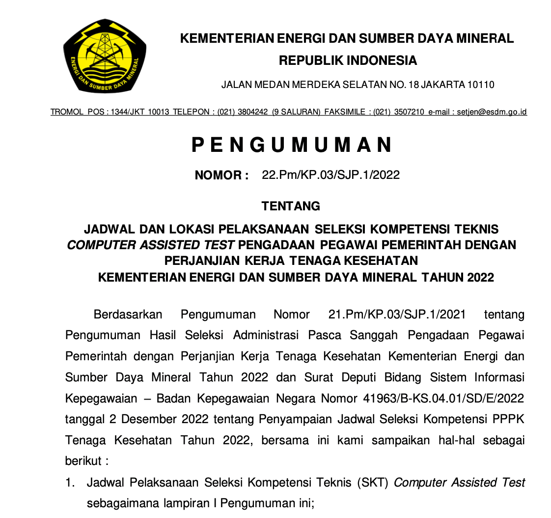 Jadwal Seleksi Komputer CASN Kementerian ESDM